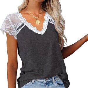 Women's Crochet Lace Basic T-Shirt Short Sleeve Loose Fitting Tunic Tank Size S